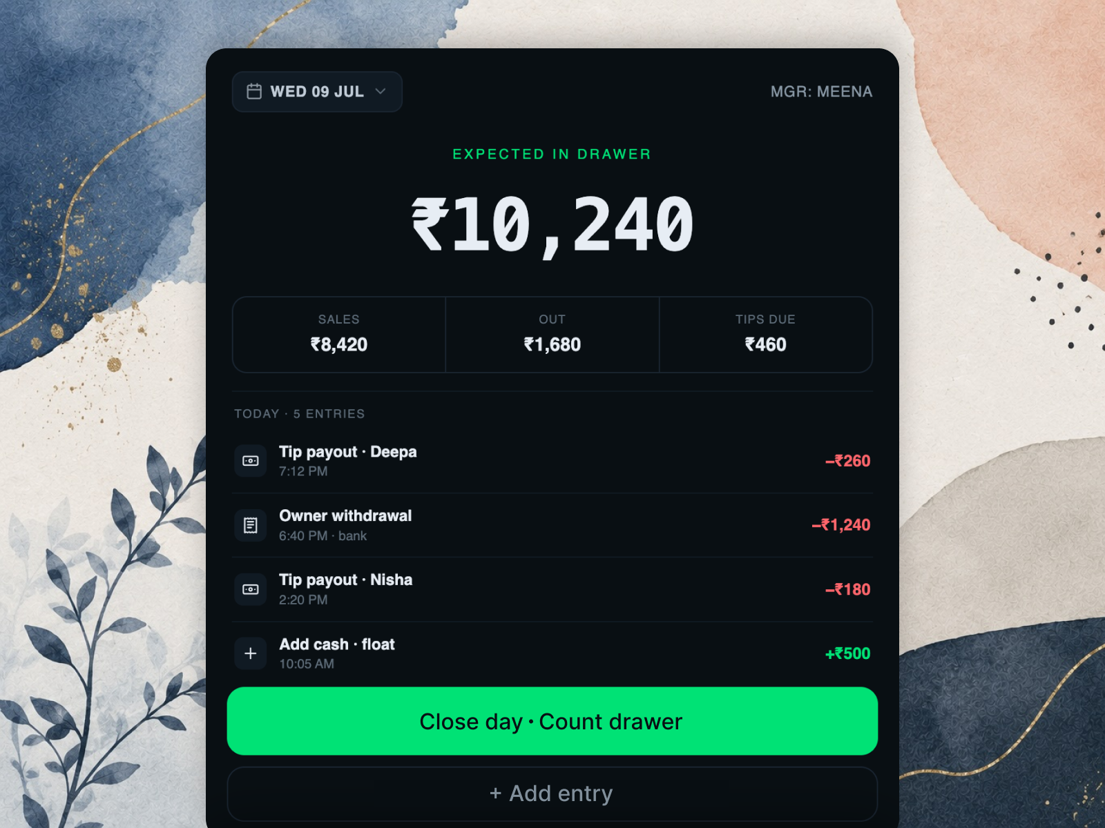 Limvo cash log with running balance chain
