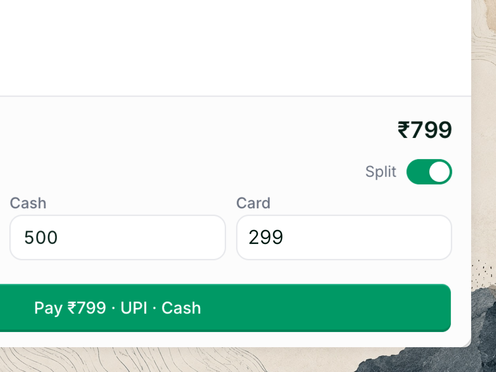 Limvo split payment across cash, UPI, and card